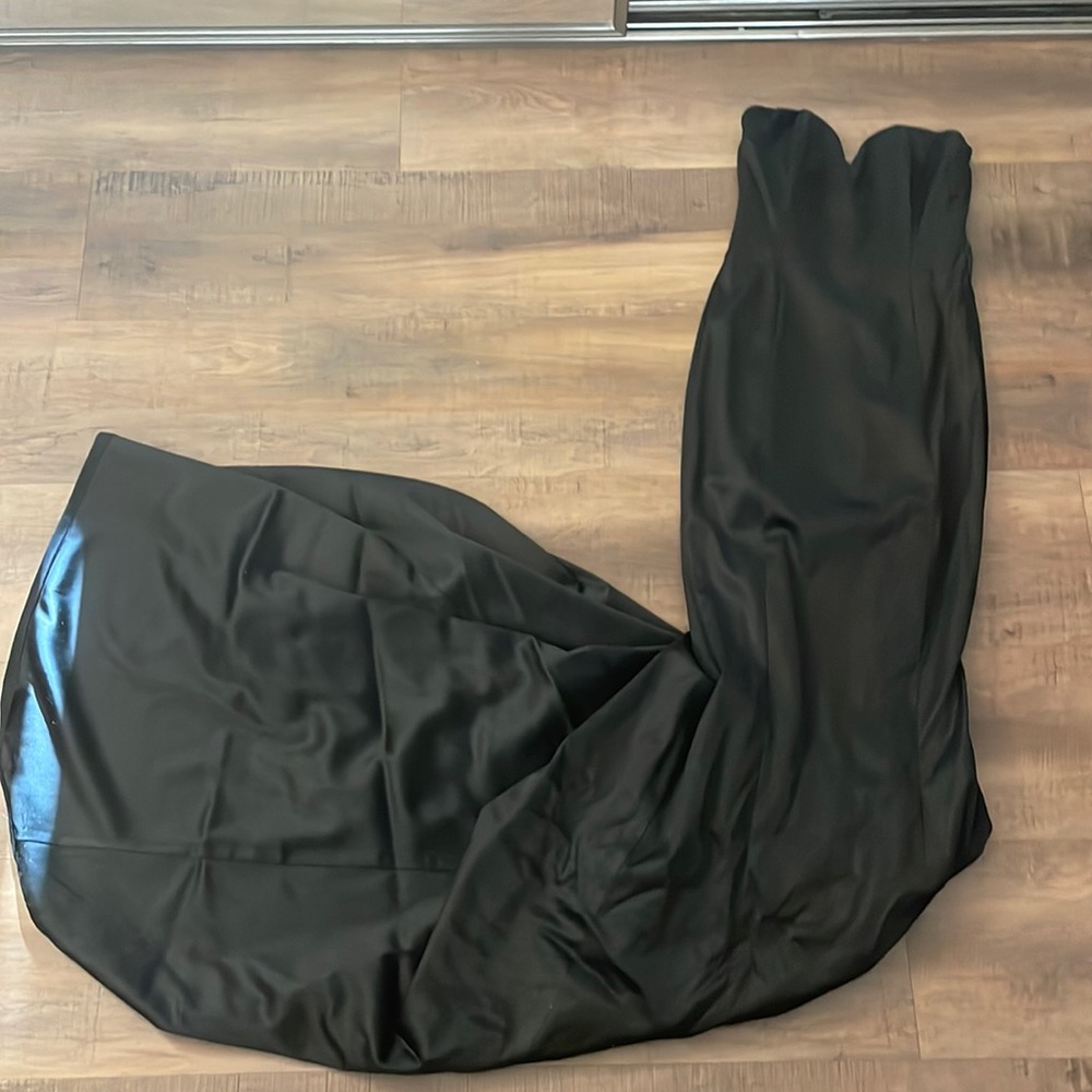 Black satin gown with long train